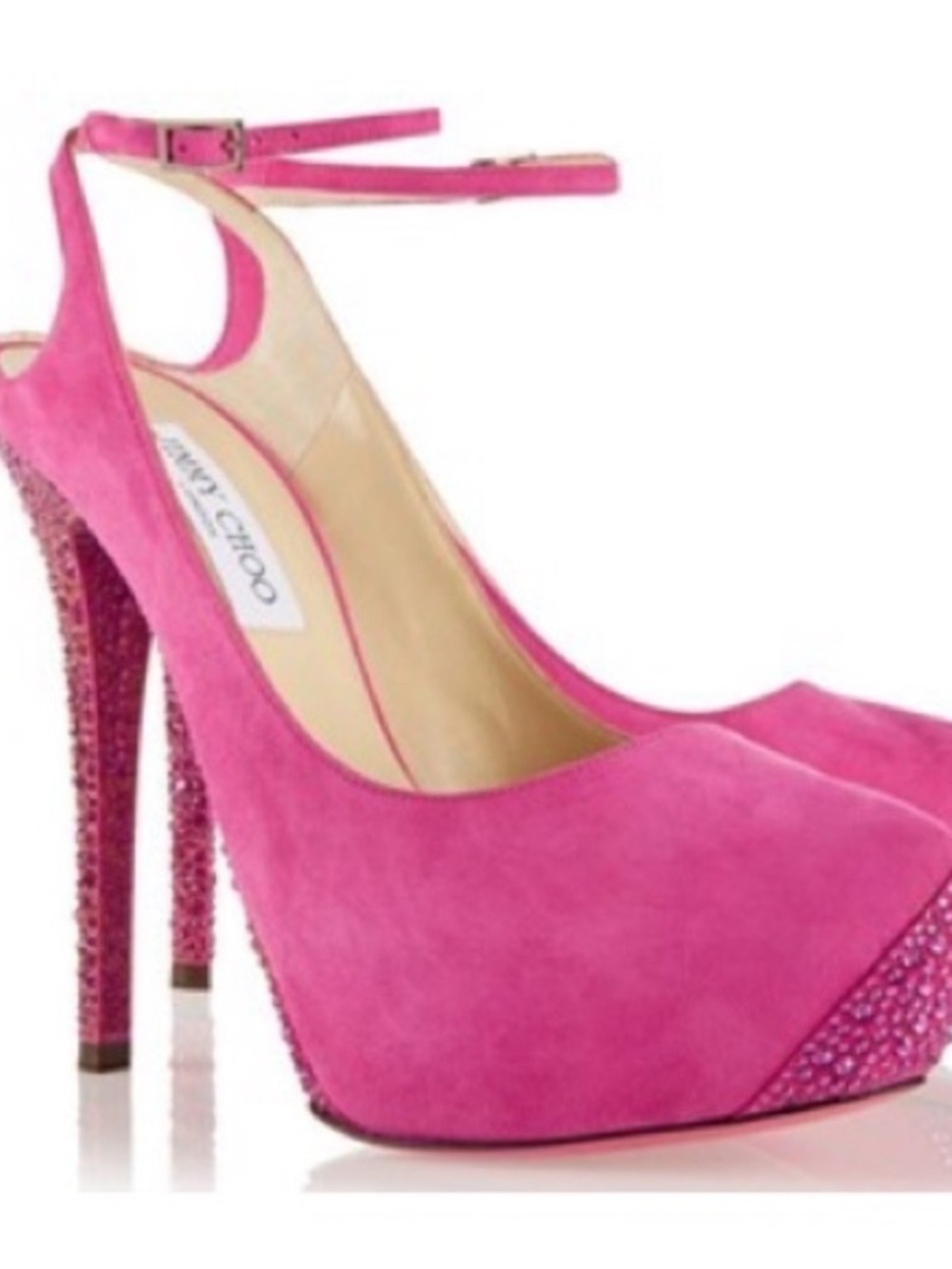 Jimmy Choo TAME Suede Swarovski Crystal Jewel Ankle Strap Heels Fuchsia Pink